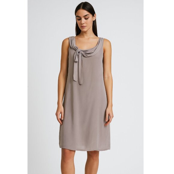 Caractere 100% Silk Sleeveless Dress with Drape Neck and Tie Detail Taupe Sz 8 - Picture 1 of 14